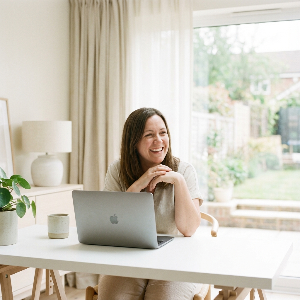 A friendly person sitting at a desk with a laptop, looking relieved and supported.