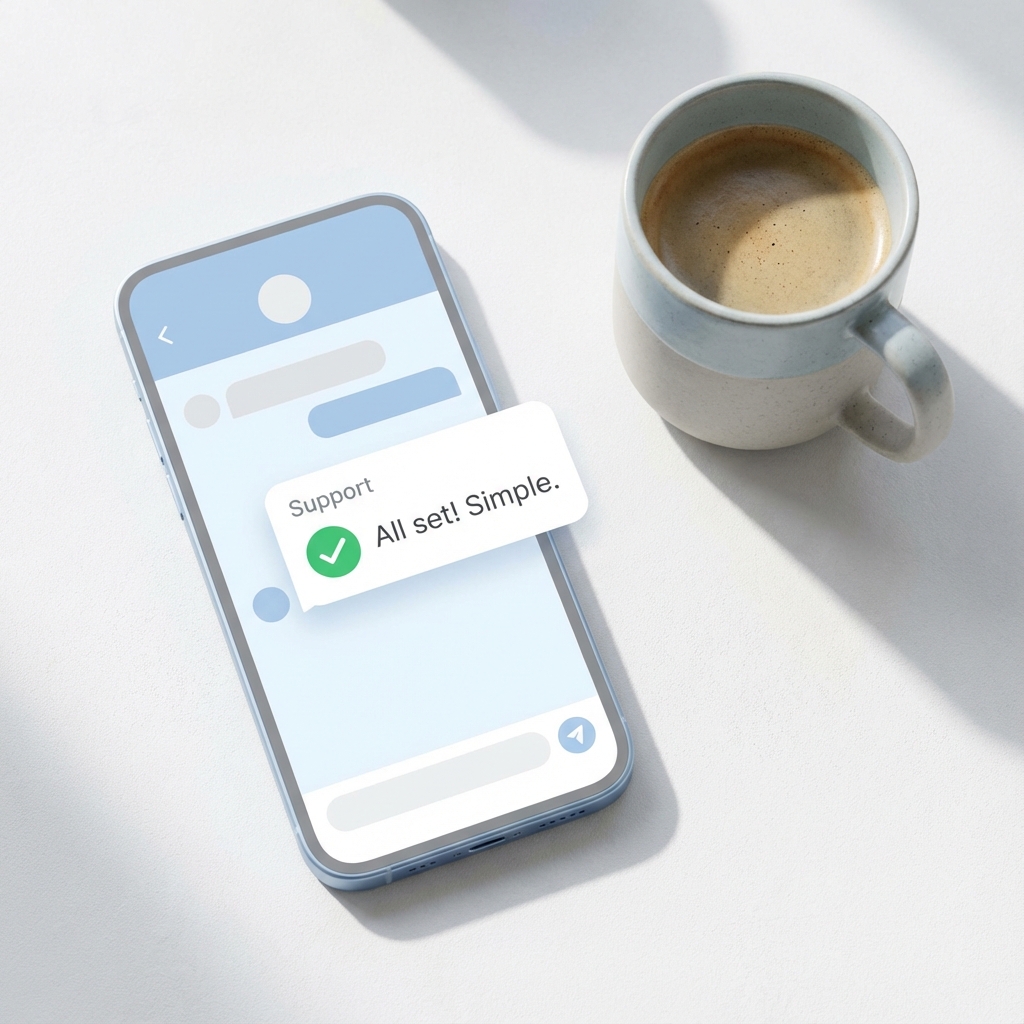 Smartphone showing a simple, supportive chat interface next to a cup of tea.